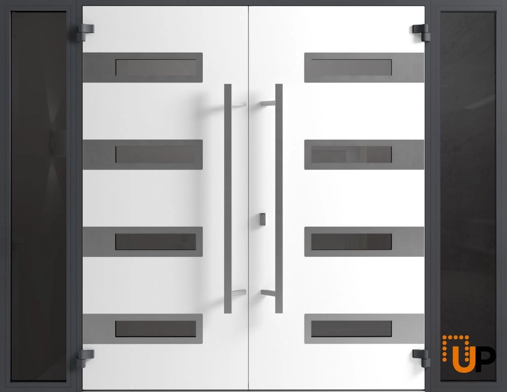 Double swing metal-aluminum modern exterior door with clear-mirrored glass | Ronex 0131 Black Enamel | 104 x 80 (16+72+16 x 80) photo#2