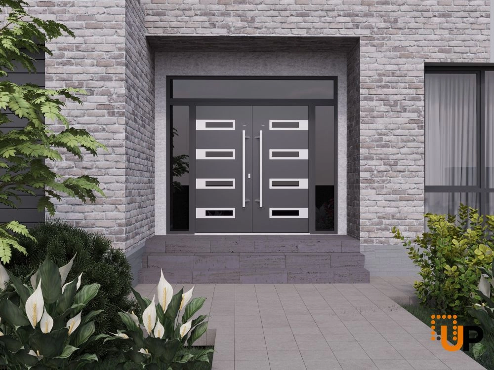 Double swing metal-aluminum modern exterior door with clear-mirrored glass | Ronex 0131 Black Enamel | 104 x 110 (16+72+16 x 96+14) photo#3