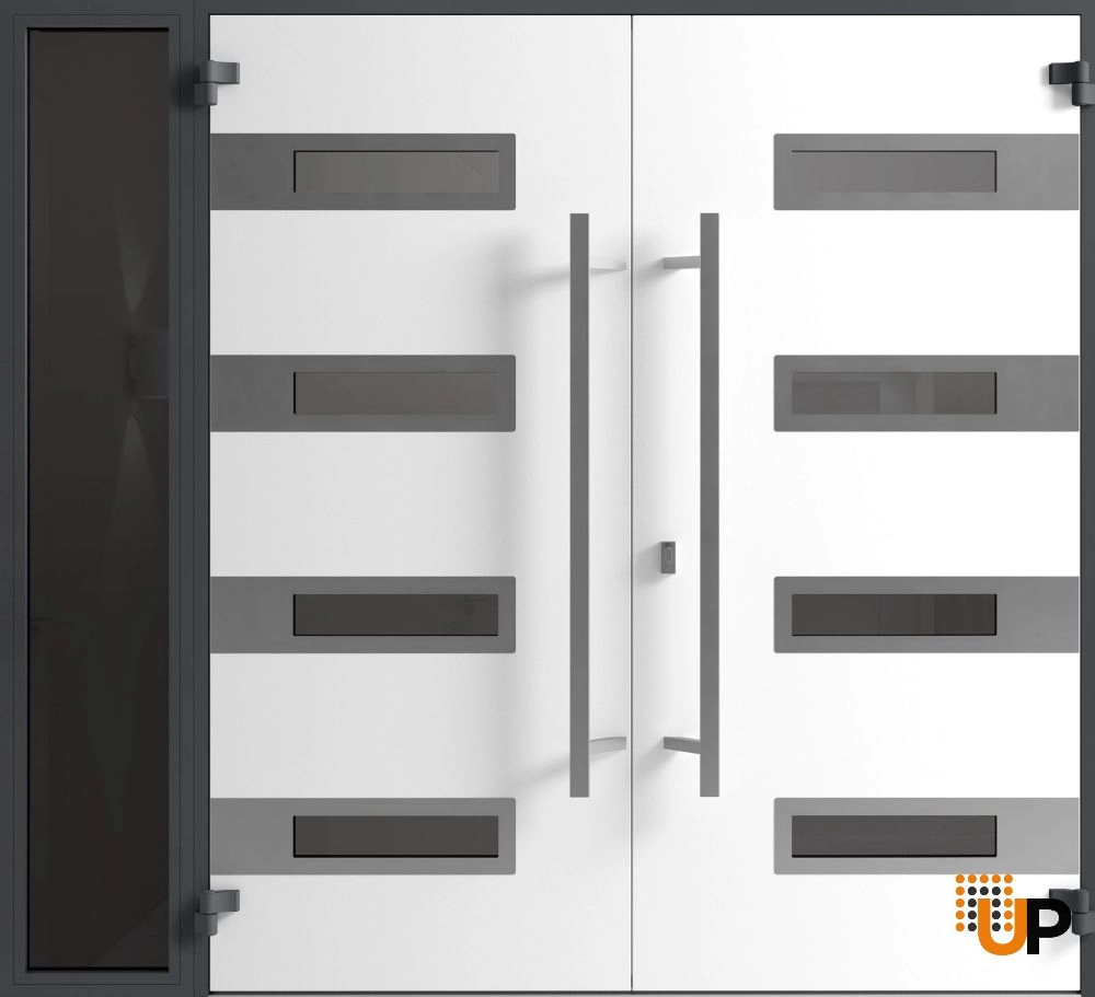 Double swing metal-aluminum modern exterior door with clear-mirrored glass | Ronex 0131 Black Enamel | 86 x 96 (72+14 x 96) photo#2