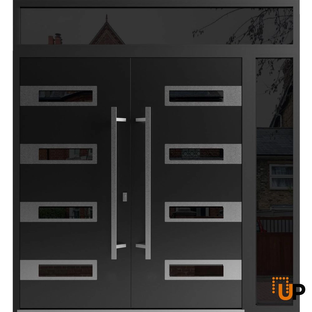 Double swing metal-aluminum modern exterior door with clear-mirrored glass | Ronex 0131 Black Enamel | 86 x 112 (72+14 x 96+16) photo#1
