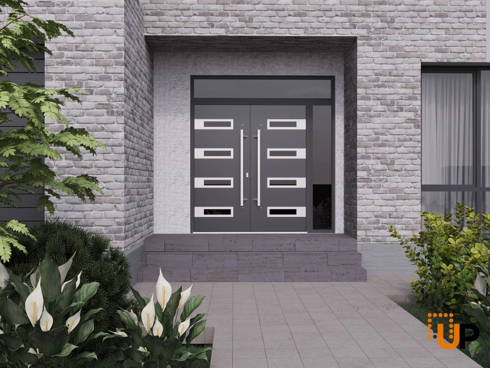 Double swing metal-aluminum modern exterior door with clear-mirrored glass | Ronex 0131 Black Enamel | 88 x 92 (72+16 x 80+12) photo#3