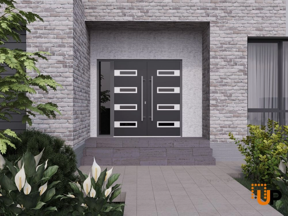 Double swing metal-aluminum modern exterior door with clear-mirrored glass | Ronex 0131 Black Enamel | 88 x 96 (72+16 x 96) photo#3