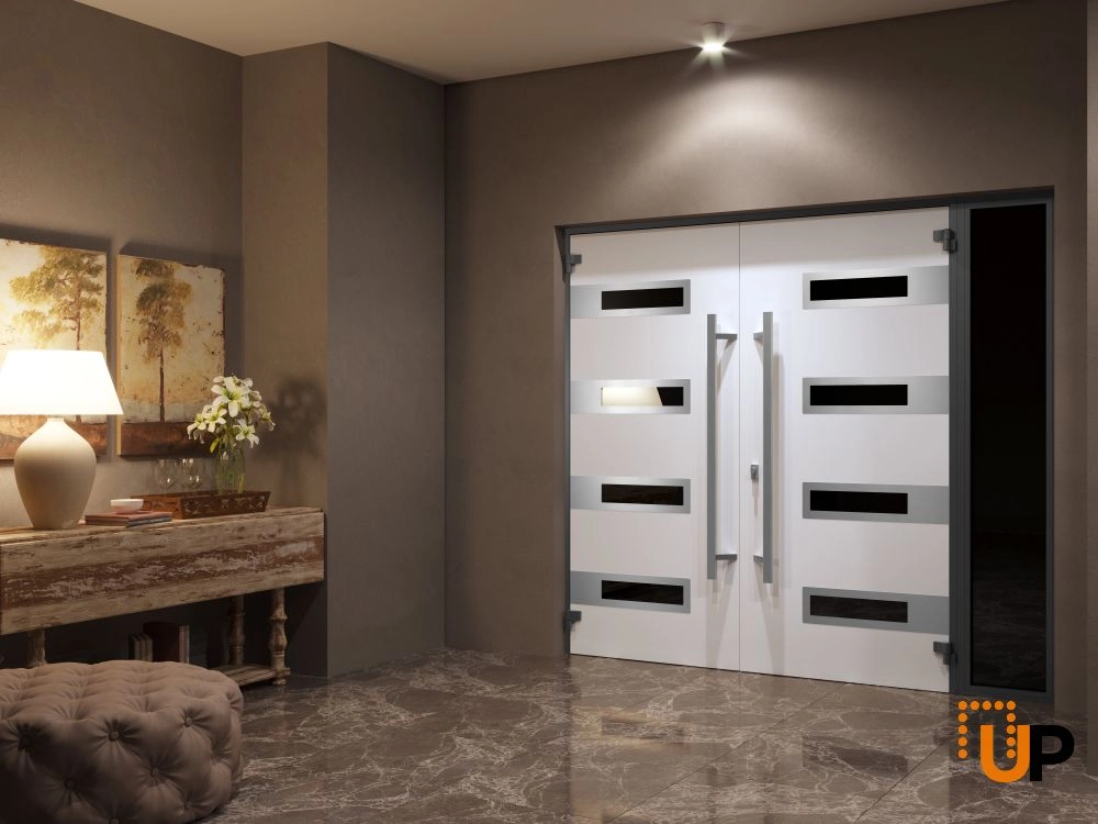 Double swing metal-aluminum modern exterior door with clear-mirrored glass | Ronex 0131 Black Enamel | 88 x 110 (72+16 x 96+14) photo#4