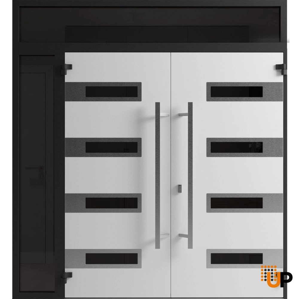 Double swing metal-aluminum modern exterior door with clear-mirrored glass | Ronex 0131 Black Enamel | 88 x 112 (72+16 x 96+16) photo#2