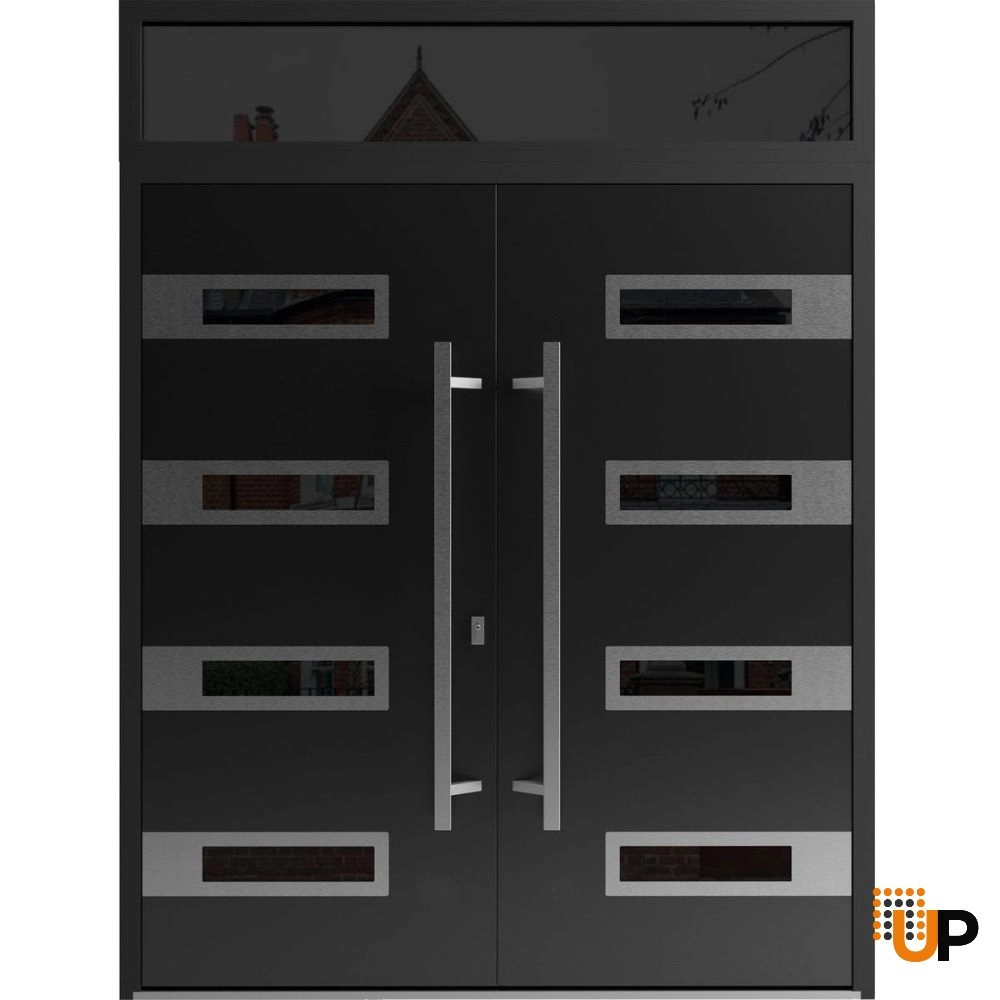 Double swing metal-aluminum modern exterior door with clear-mirrored glass | Ronex 0131 Black Enamel | 72 x 96 (72 x 80+16) photo#1