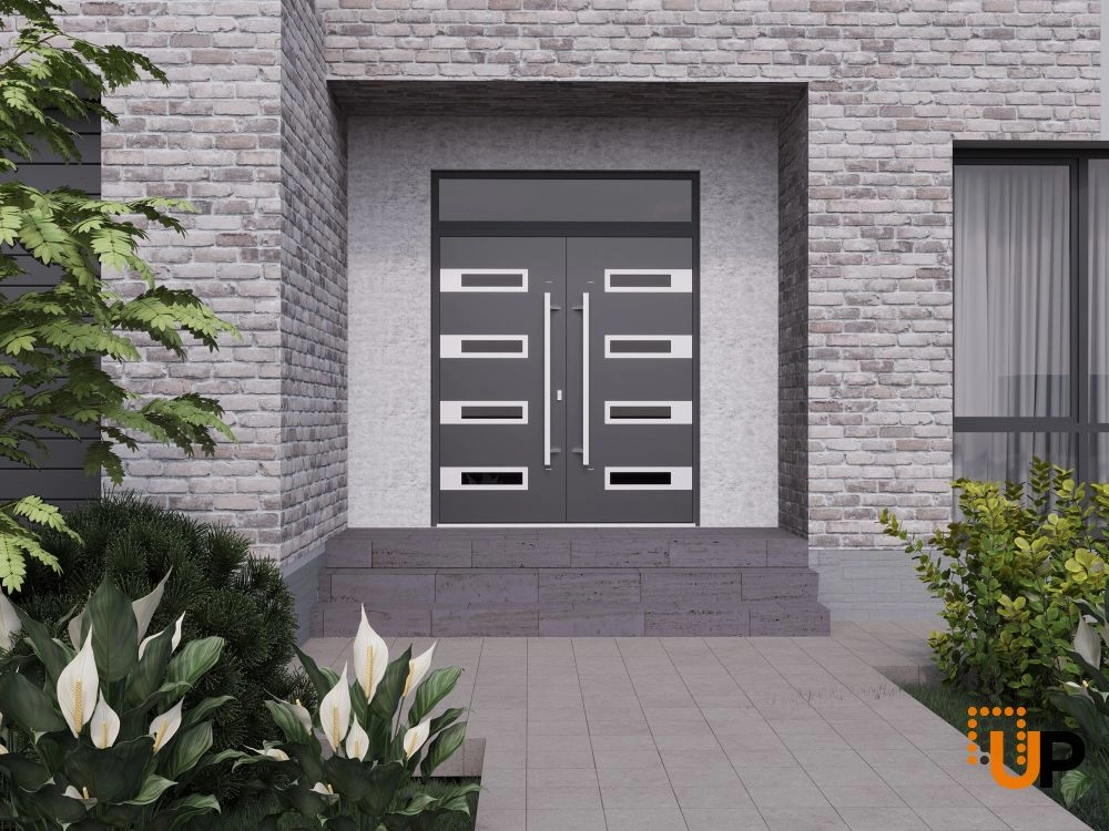 Double swing metal-aluminum modern exterior door with clear-mirrored glass | Ronex 0131 Black Enamel | 72 x 96 (72 x 80+16) photo#3