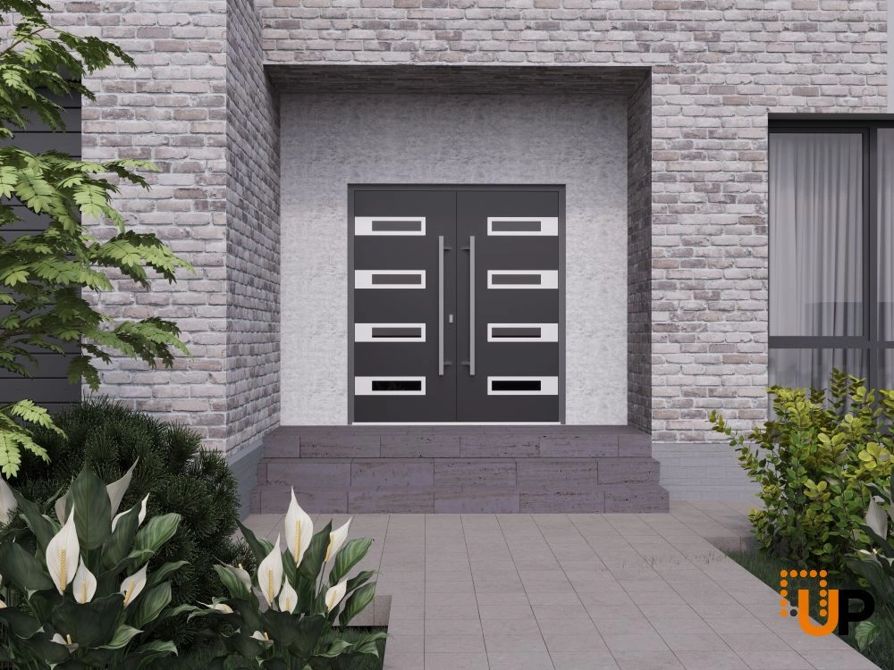Double swing metal-aluminum modern exterior door with clear-mirrored glass | Ronex 0131 Black Enamel | 72 x 96 (72 x 96) photo#3