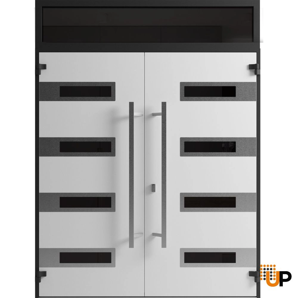 Double swing metal-aluminum modern exterior door with clear-mirrored glass | Ronex 0131 Black Enamel | 72 x 110 (72 x 96+14) photo#2