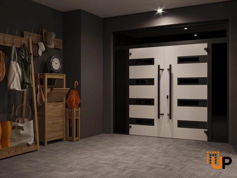 Double swing metal-aluminum modern exterior door with clear-mirrored glass | Ronex 0131 Grey | 96 x 92 (12+72+12 x 80+12) photo#4
