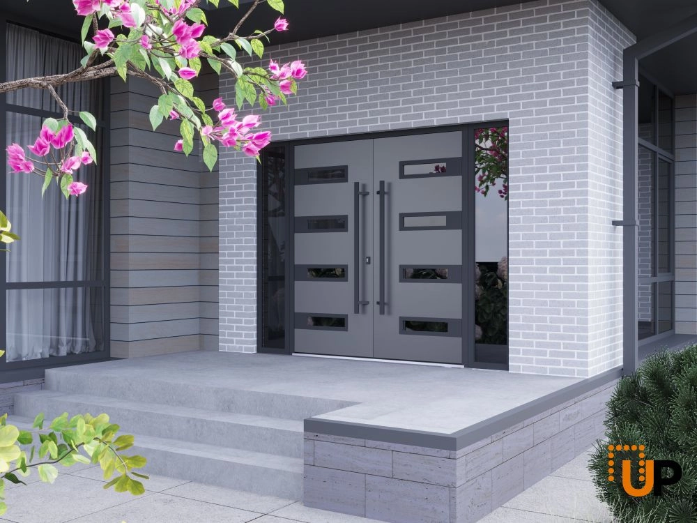 Double swing metal-aluminum modern exterior door with clear-mirrored glass | Ronex 0131 Grey | 96 x 96 (12+72+12 x 96) photo#3