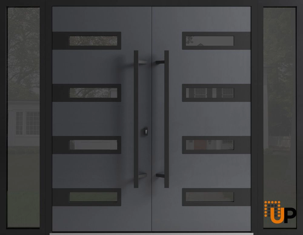 Double swing metal-aluminum modern exterior door with clear-mirrored glass | Ronex 0131 Grey | 96 x 96 (12+72+12 x 96) photo#1