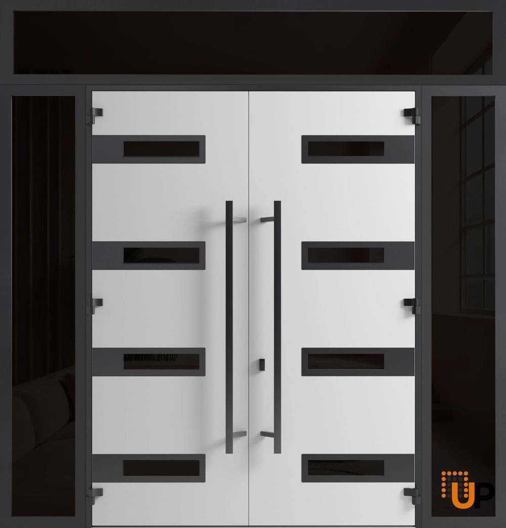 Double swing metal-aluminum modern exterior door with clear-mirrored glass | Ronex 0131 Grey | 100 x 112 (14+72+14 x 96+16) photo#2
