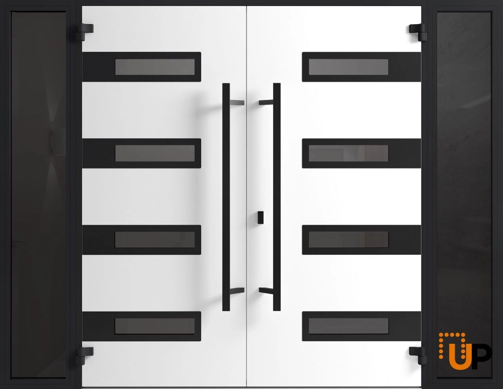 Double swing metal-aluminum modern exterior door with clear-mirrored glass | Ronex 0131 Grey | 104 x 80 (16+72+16 x 80) photo#2
