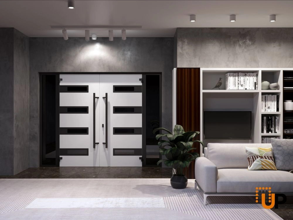 Double swing metal-aluminum modern exterior door with clear-mirrored glass | Ronex 0131 Grey | 104 x 80 (16+72+16 x 80) photo#4