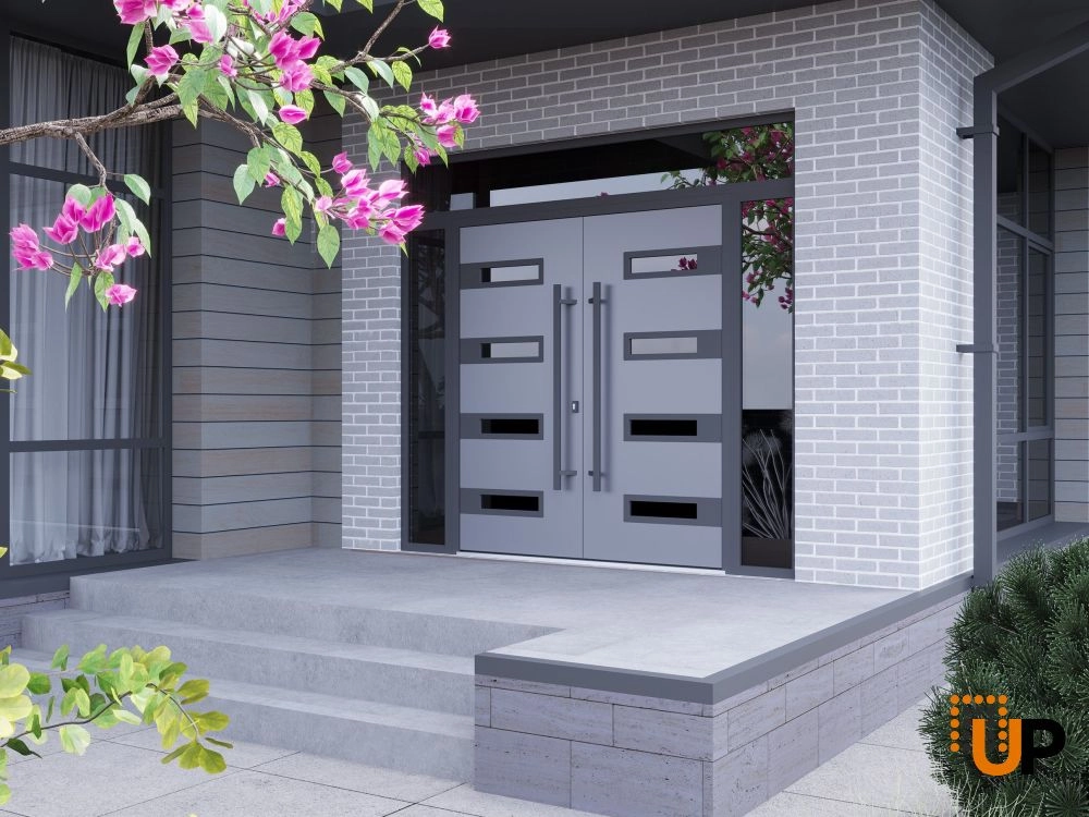 Double swing metal-aluminum modern exterior door with clear-mirrored glass | Ronex 0131 Grey | 104 x 110 (16+72+16 x 96+14) photo#3