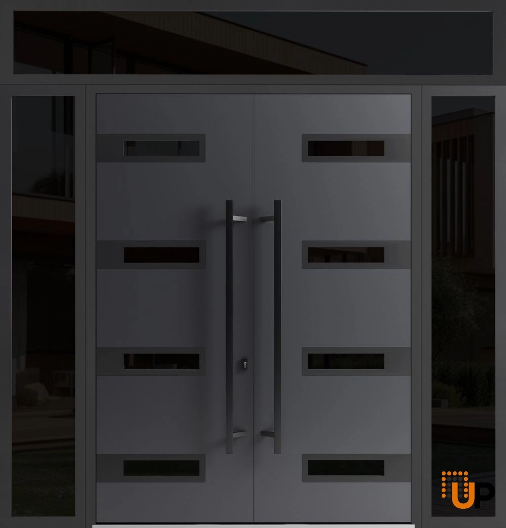 Double swing metal-aluminum modern exterior door with clear-mirrored glass | Ronex 0131 Grey | 104 x 112 (16+72+16 x 96+16) photo#1