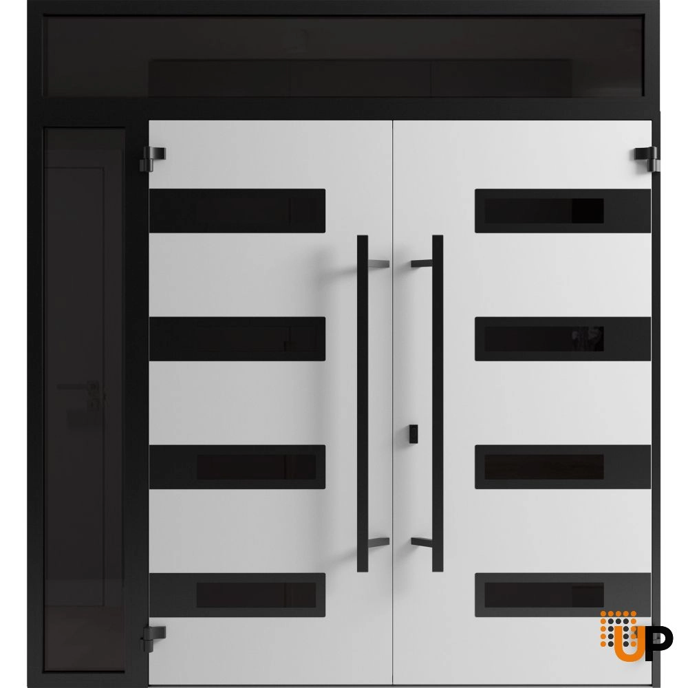 Double swing metal-aluminum modern exterior door with clear-mirrored glass | Ronex 0131 Grey | 84 x 92 (72+12 x 80+12) photo#2