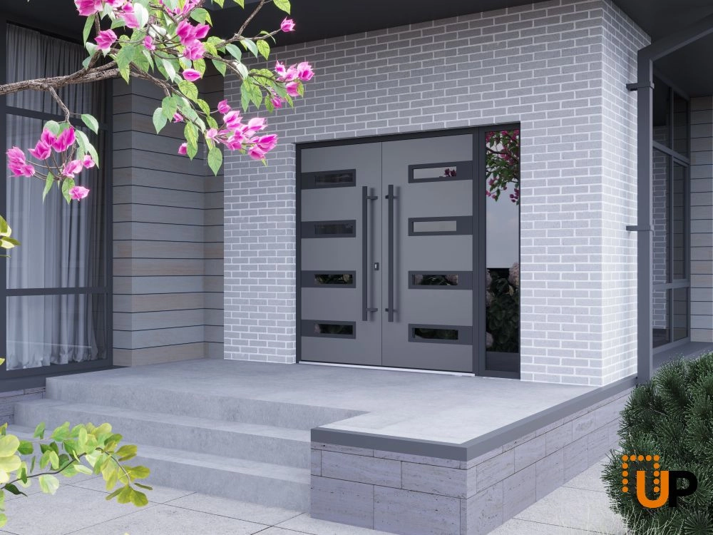 Double swing metal-aluminum modern exterior door with clear-mirrored glass | Ronex 0131 Grey | 84 x 96 (72+12 x 96) photo#3