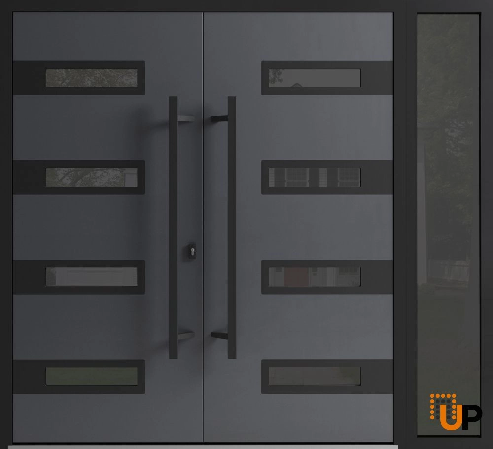 Double swing metal-aluminum modern exterior door with clear-mirrored glass | Ronex 0131 Grey | 84 x 96 (72+12 x 96) photo#1