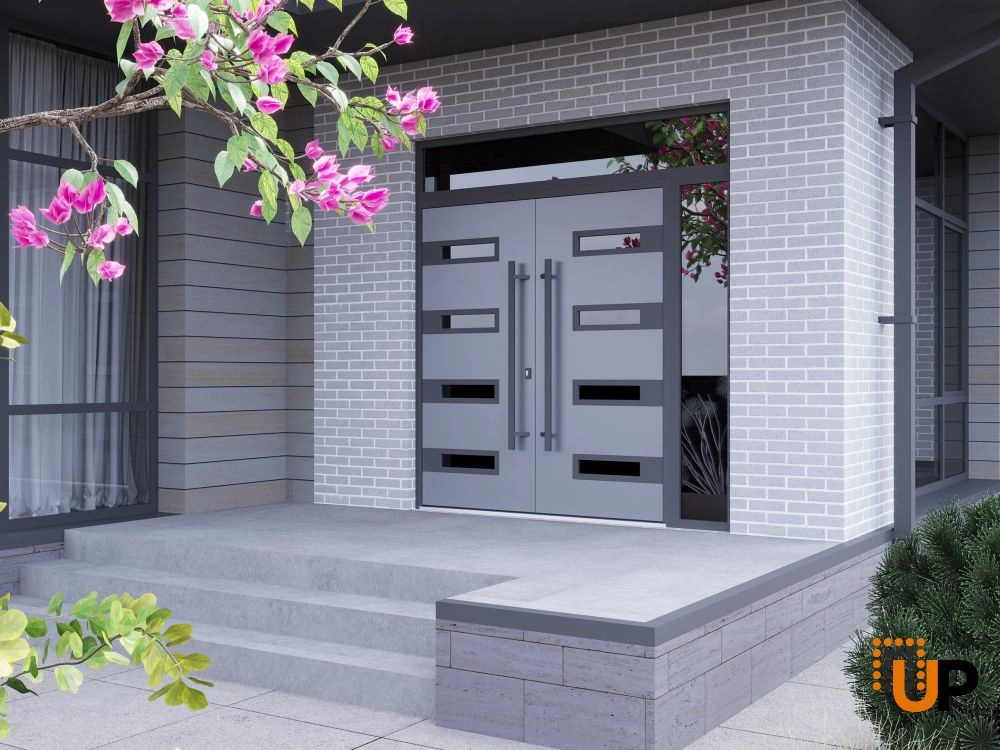 Double swing metal-aluminum modern exterior door with clear-mirrored glass | Ronex 0131 Grey | 84 x 108 (72+12 x 96+12) photo#3