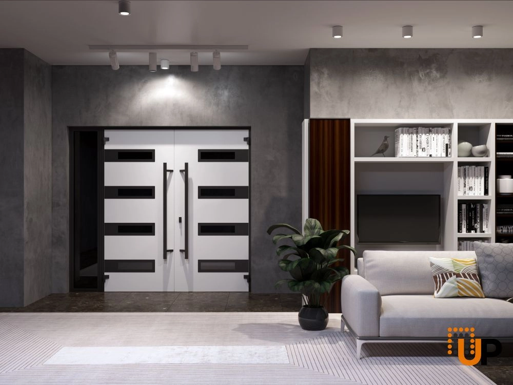 Double swing metal-aluminum modern exterior door with clear-mirrored glass | Ronex 0131 Grey | 86 x 96 (72+14 x 96) photo#4