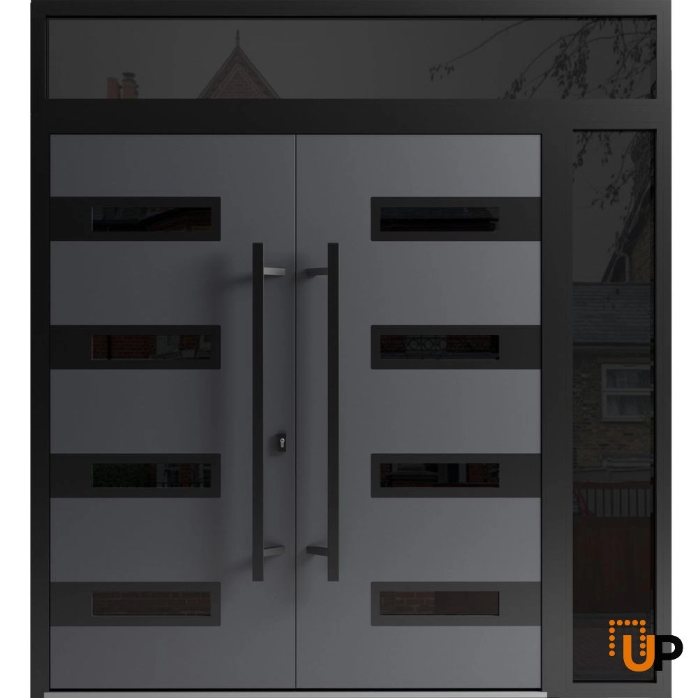 Double swing metal-aluminum modern exterior door with clear-mirrored glass | Ronex 0131 Grey | 88 x 110 (72+16 x 96+14) photo#1
