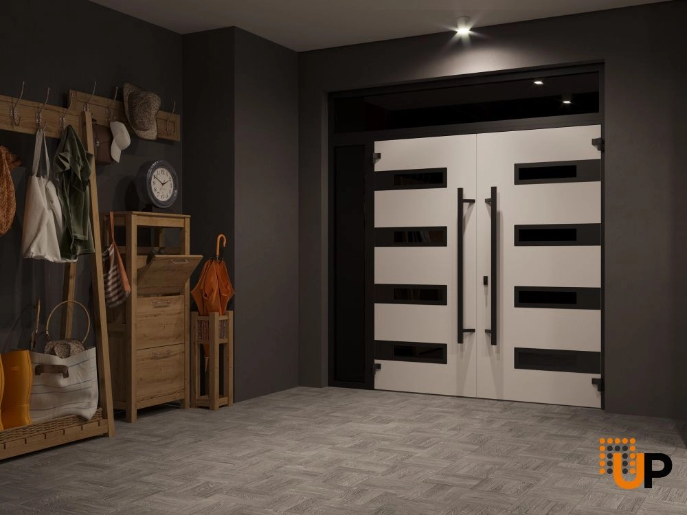 Double swing metal-aluminum modern exterior door with clear-mirrored glass | Ronex 0131 Grey | 88 x 110 (72+16 x 96+14) photo#4