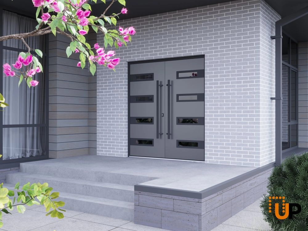 Double swing metal-aluminum modern exterior door with clear-mirrored glass | Ronex 0131 Grey | 72 x 80 (72 x 80) photo#3