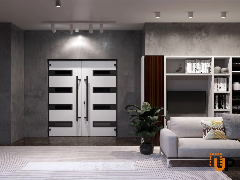 Double swing metal-aluminum modern exterior door with clear-mirrored glass | Ronex 0131 Grey | 72 x 80 (72 x 80) photo#4