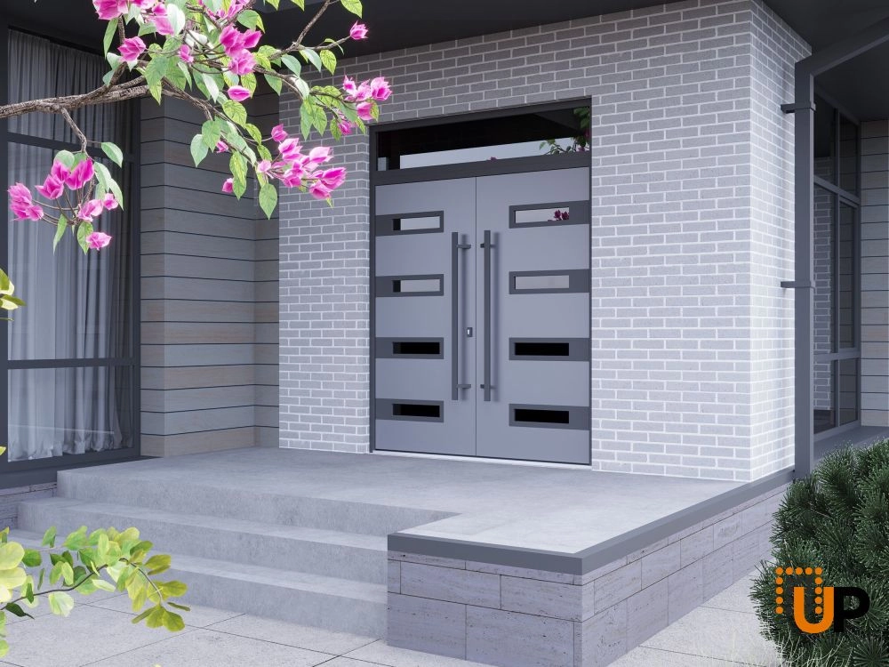Double swing metal-aluminum modern exterior door with clear-mirrored glass | Ronex 0131 Grey | 72 x 94 (72 x 80+14) photo#3