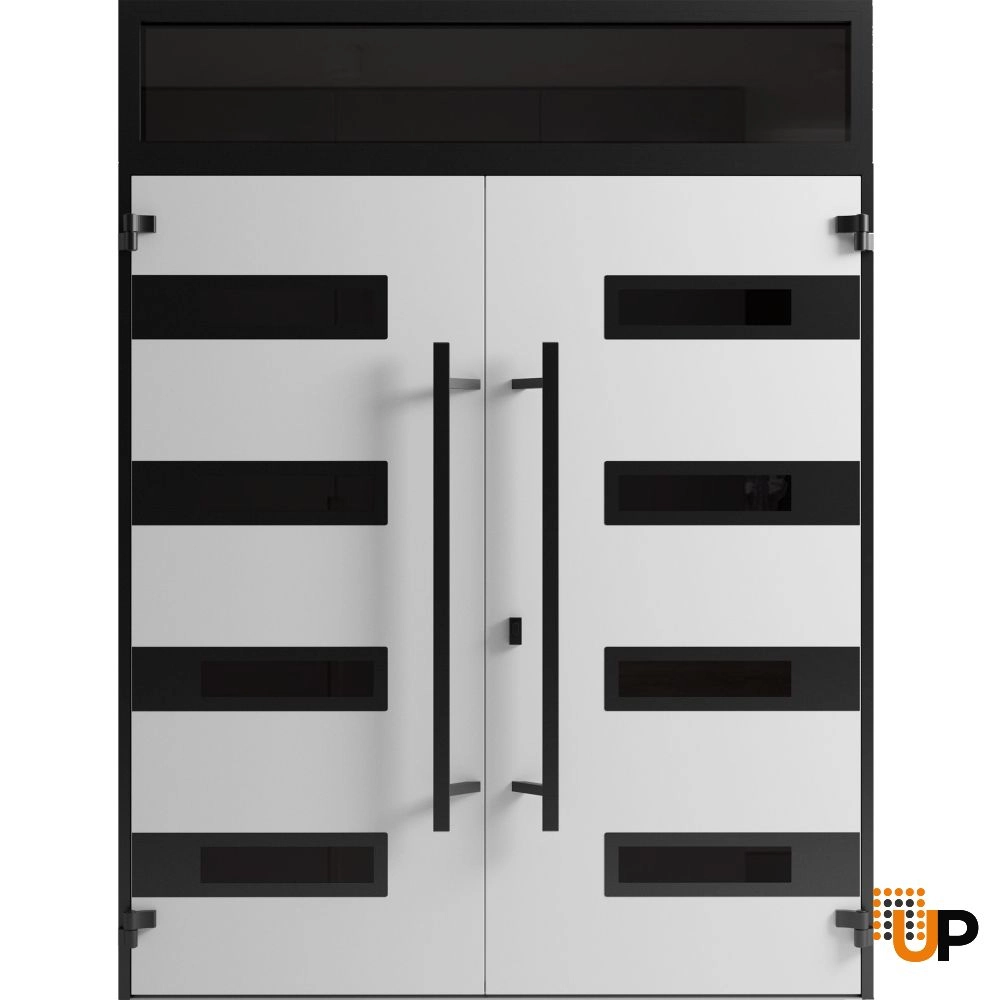 Double swing metal-aluminum modern exterior door with clear-mirrored glass | Ronex 0131 Grey | 72 x 108 (72 x 96+12) photo#2
