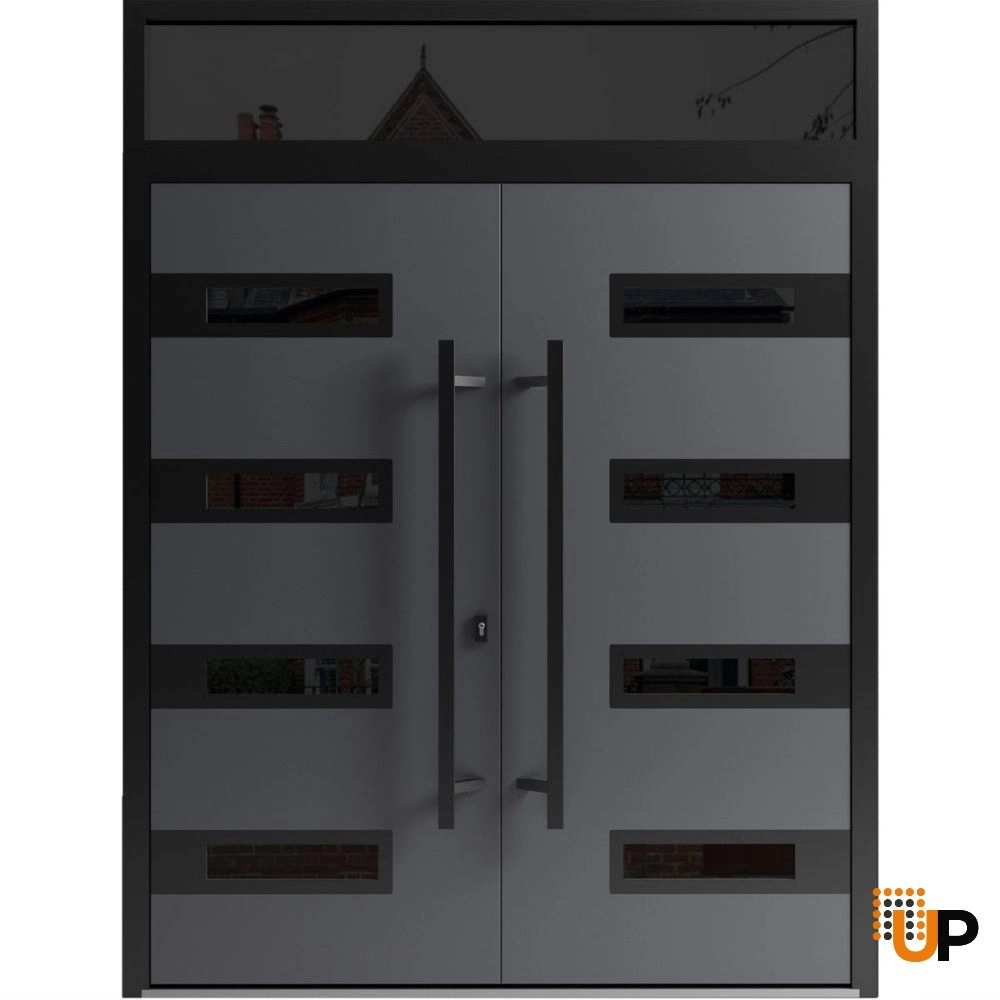 Double swing metal-aluminum modern exterior door with clear-mirrored glass | Ronex 0131 Grey | 72 x 112 (72 x 96+16) photo#1