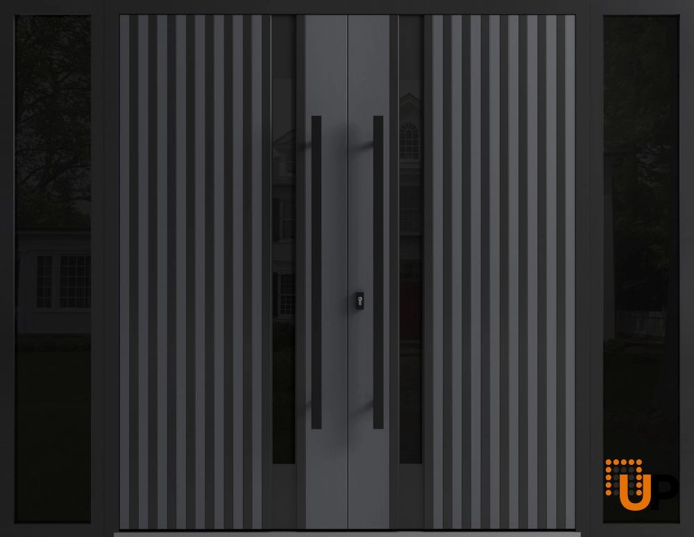 Double swing metal-aluminum modern exterior door with clear-mirrored glass | Ronex 0144 Grey | 96 x 96 (12+72+12 x 96) photo#1
