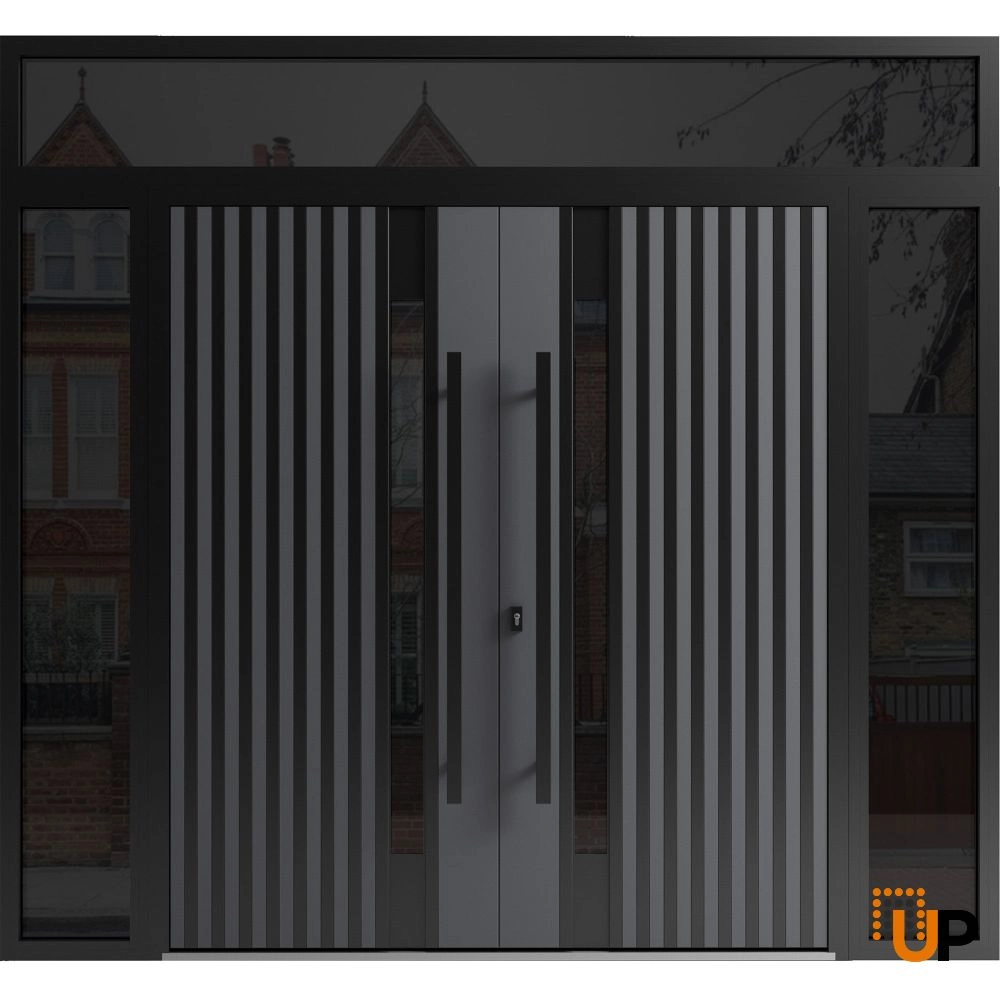 Double swing metal-aluminum modern exterior door with clear-mirrored glass | Ronex 0144 Grey | 96 x 112 (12+72+12 x 96+16) photo#1