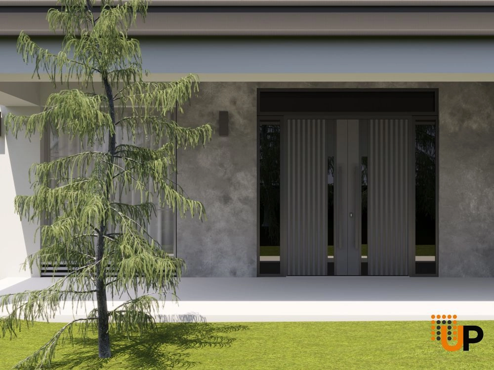 Double swing metal-aluminum modern exterior door with clear-mirrored glass | Ronex 0144 Grey | 100 x 92 (14+72+14 x 80+12) photo#3