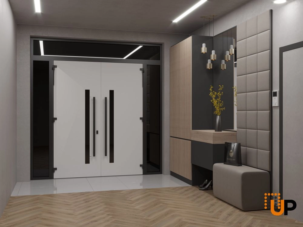Double swing metal-aluminum modern exterior door with clear-mirrored glass | Ronex 0144 Grey | 100 x 92 (14+72+14 x 80+12) photo#4