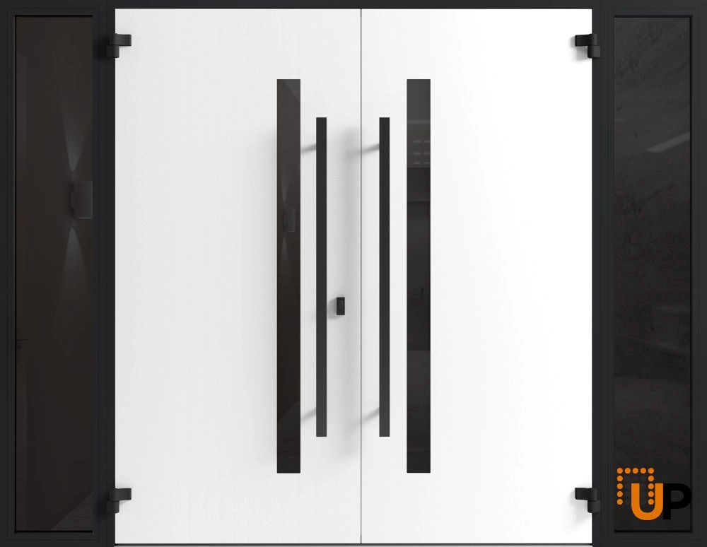 Double swing metal-aluminum modern exterior door with clear-mirrored glass | Ronex 0144 Grey | 104 x 96 (16+72+16 x 96) photo#2