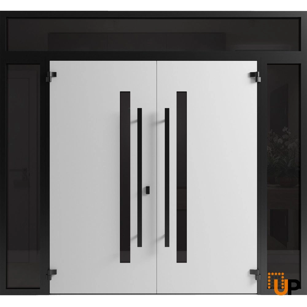 Double swing metal-aluminum modern exterior door with clear-mirrored glass | Ronex 0144 Grey | 104 x 108 (16+72+16 x 96+12) photo#2