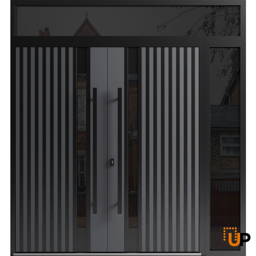 Double swing metal-aluminum modern exterior door with clear-mirrored glass | Ronex 0144 Grey | 84 x 96 (72+12 x 80+16) photo#1