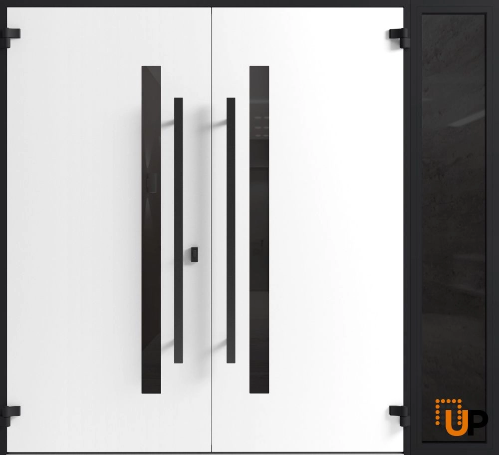 Double swing metal-aluminum modern exterior door with clear-mirrored glass | Ronex 0144 Grey | 84 x 96 (72+12 x 96) photo#2