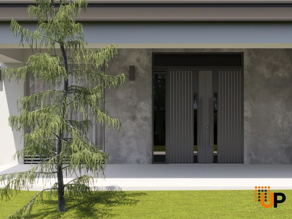 Double swing metal-aluminum modern exterior door with clear-mirrored glass | Ronex 0144 Grey | 84 x 112 (72+12 x 96+16) photo#3