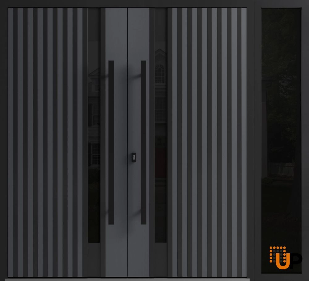 Double swing metal-aluminum modern exterior door with clear-mirrored glass | Ronex 0144 Grey | 88 x 96 (72+16 x 96) photo#1