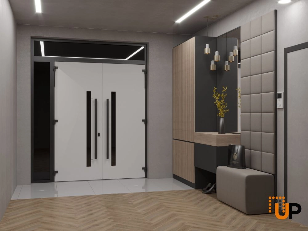 Double swing metal-aluminum modern exterior door with clear-mirrored glass | Ronex 0144 Grey | 88 x 108 (72+16 x 96+12) photo#4
