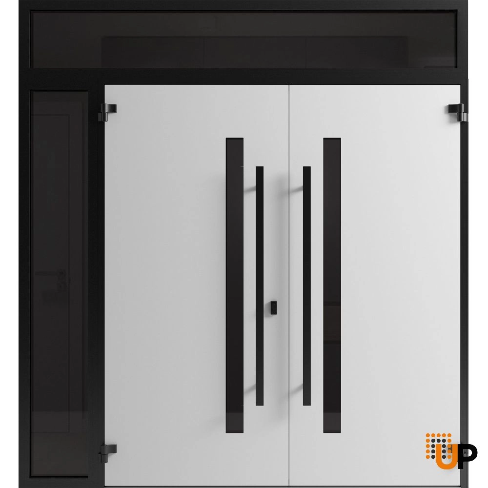 Double swing metal-aluminum modern exterior door with clear-mirrored glass | Ronex 0144 Grey | 88 x 110 (72+16 x 96+14) photo#2