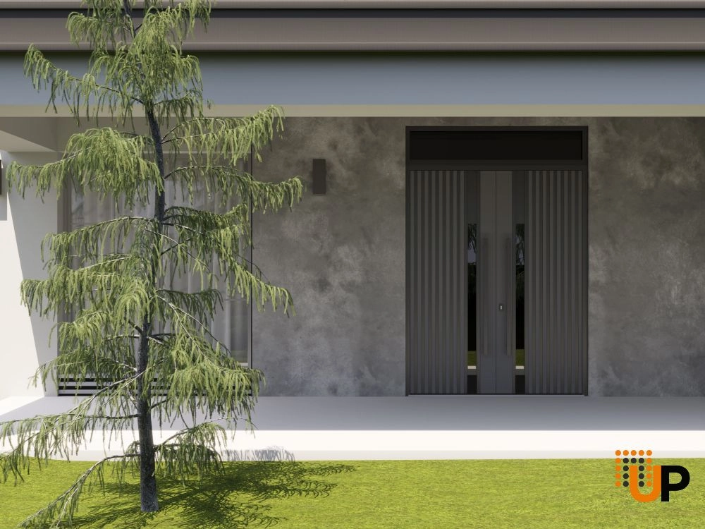 Double swing metal-aluminum modern exterior door with clear-mirrored glass | Ronex 0144 Grey | 72 x 92 (72 x 80+12) photo#3
