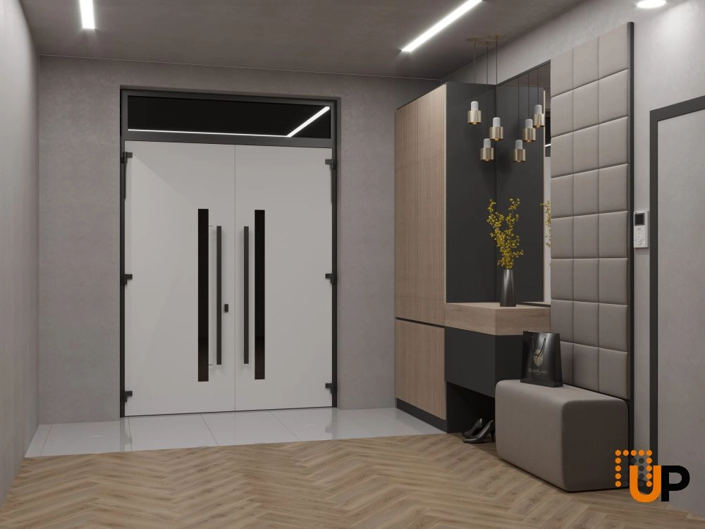 Double swing metal-aluminum modern exterior door with clear-mirrored glass | Ronex 0144 Grey | 72 x 94 (72 x 80+14) photo#4