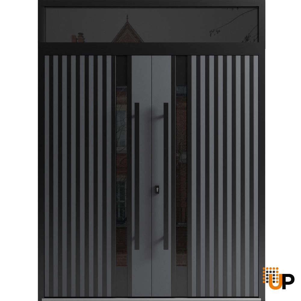 Double swing metal-aluminum modern exterior door with clear-mirrored glass | Ronex 0144 Grey | 72 x 112 (72 x 96+16) photo#1