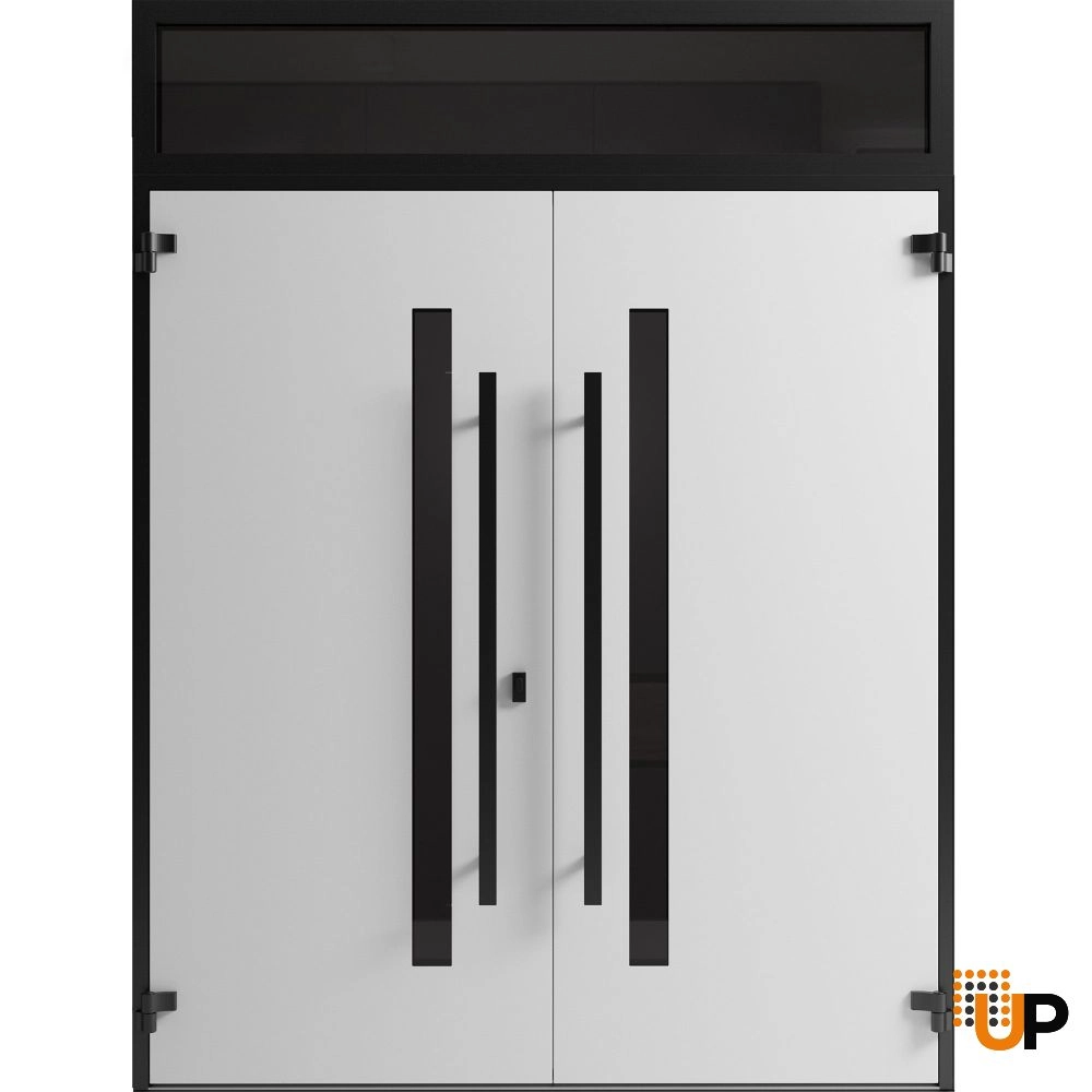 Double swing metal-aluminum modern exterior door with clear-mirrored glass | Ronex 0144 Grey | 72 x 112 (72 x 96+16) photo#2