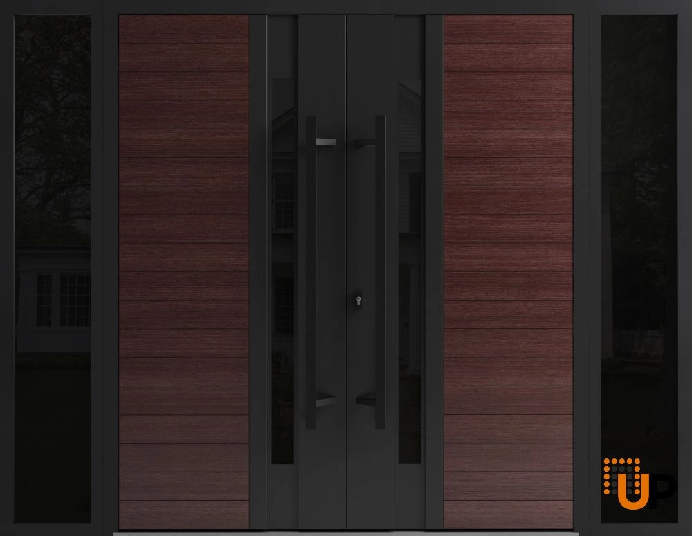 Double swing metal-aluminum modern exterior door with clear-mirrored glass | Ronex 0162 Red Oak | 96 x 80 (12+72+12 x 80) photo#1