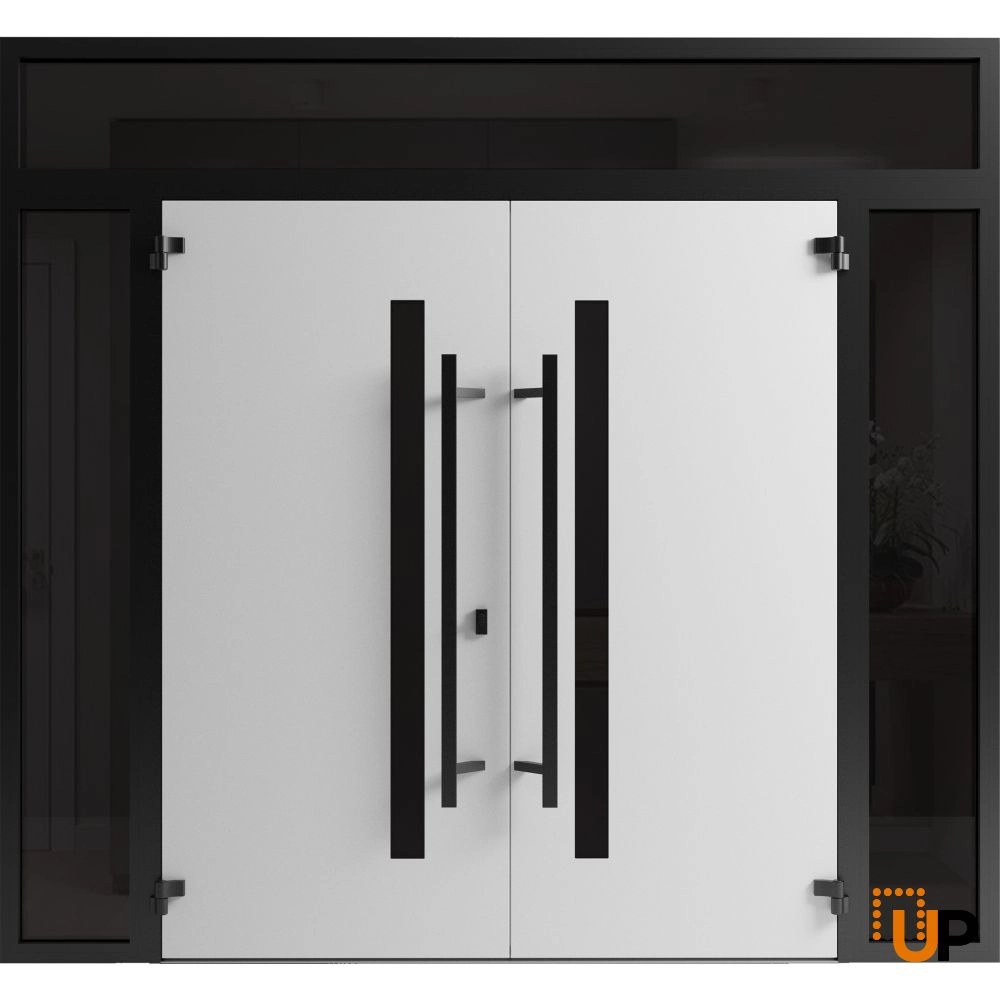 Double swing metal-aluminum modern exterior door with clear-mirrored glass | Ronex 0162 Red Oak | 96 x 96 (12+72+12 x 80+16) photo#2